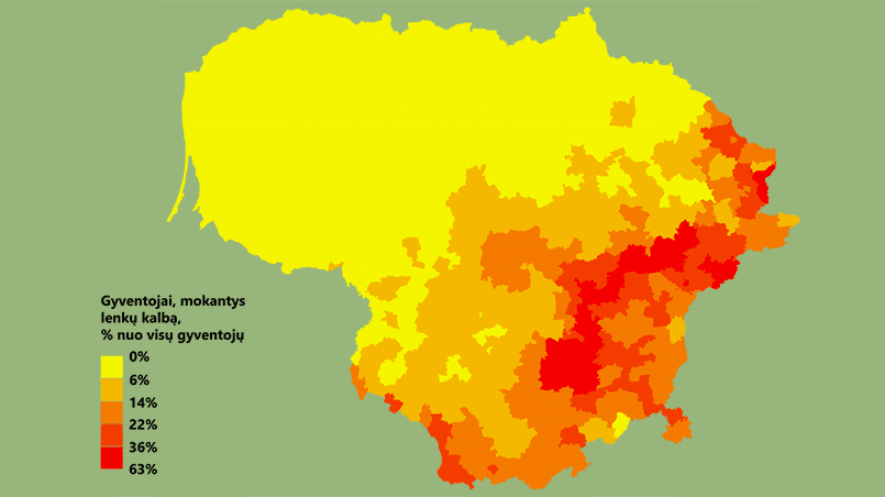 Распределение польскоязычных жителей на территории Литвы / Фото: mapijoziai.lt / Департамент статистики Литвы, 2011 г.