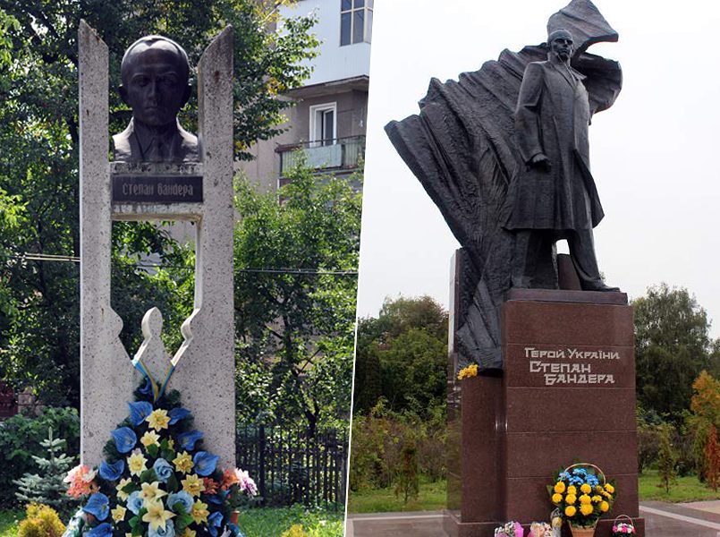 Слева направо: Памятник Бандере в Коломые | Памятник Степану Бандере в Тернополе