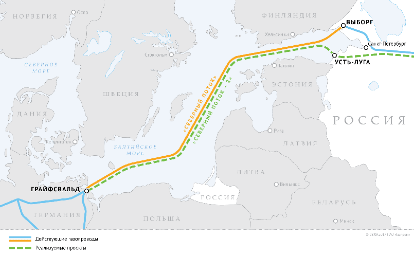Схема газопроводов «Северный поток» и «Северный поток — 2» / Фото: gazprom.ru