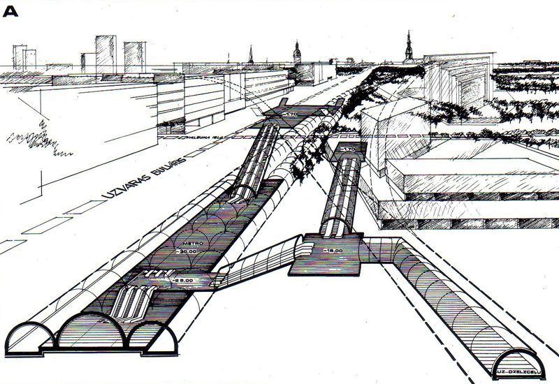 Проекция прохождения линии и посадки станции Узварас (Победная), которая была запланирована под одноименным бульваром. 1981 год
