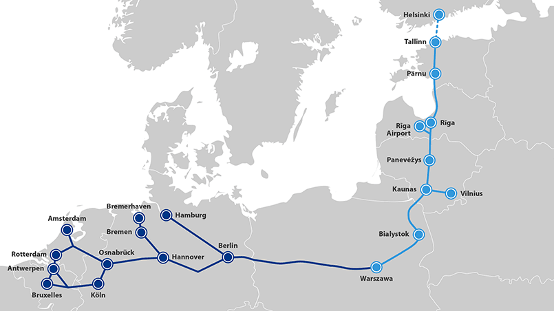 Проект железнодорожной колеи Rail Baltica (выделен голубым цветом). Источник изображения: railbaltica.org