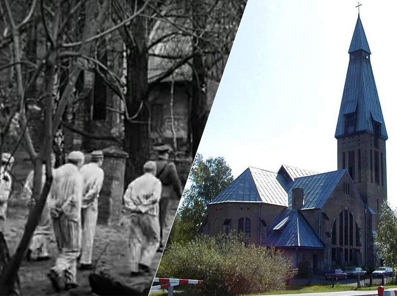 Церковь Святого Креста в Чиекуркалнсе, слева направо: кадр из фильма и современный вид