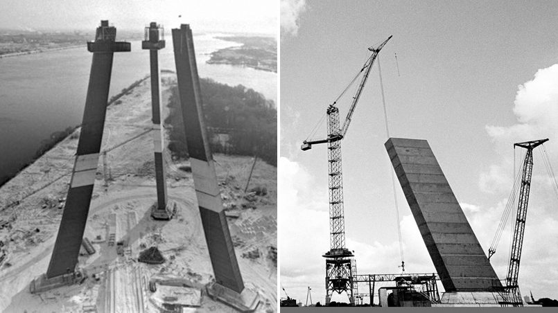 Слева направо: Первый этап строительства Рижской телебашни | Возведение опор Рижской телебашни