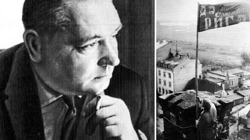 Слева направо: Жан Фолманис (Жан Грива), герой обороны Риги 1941 года, писатель | Флаг, поднятый советскими защитниками Риги