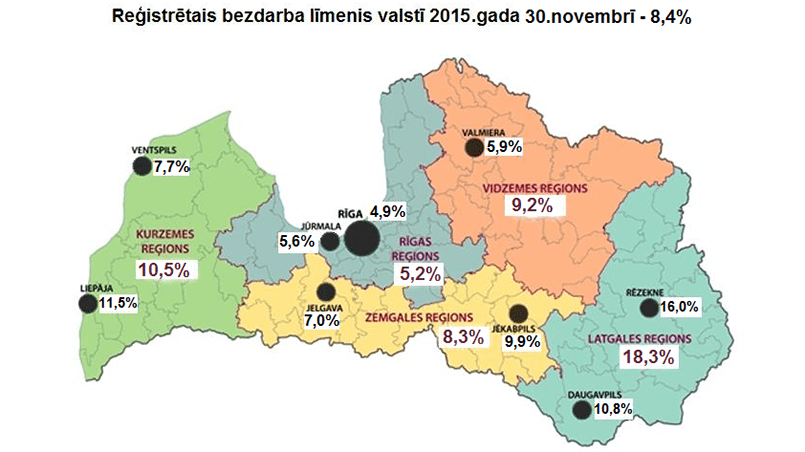 Карта Латвии с указанным по регионам и центральным городам уровнем безработицы в 2015 году. В Латгалии он самый высокий по стране — 18,3% / Фото: gorod.lv