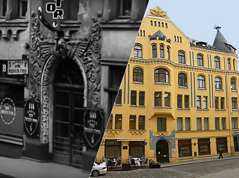 Слева направо: Дом с черными кошками, исполнивший роль гостиницы в центре Берлина — места, где Штирлиц в конце концов встретился с Борманом | Кошкин дом, современный вид