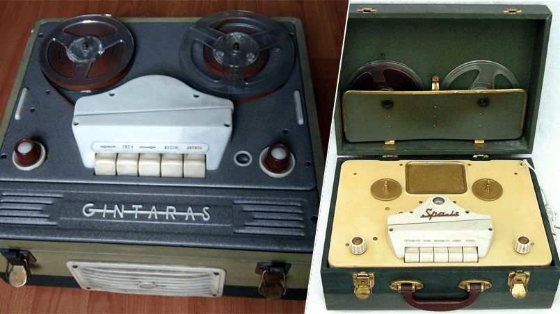 Слева направо: ламповый катушечный магнитофон «Гинтарас» | магнитофон «Спарис», производство «Эльфы»