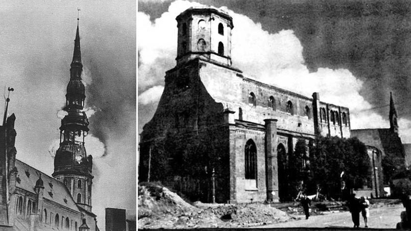 Слева направо: Пожар в церкви Святого Петра 29 июня 1941 года. Фото Вилиса Ридзениекса | Разрушенная церковь Святого Петра в Риге