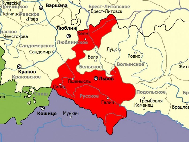 Столицей Русского воеводства был Львов. Эти земли вошли в состав Австро-Венгрии после Первого раздела Речи Посполитой