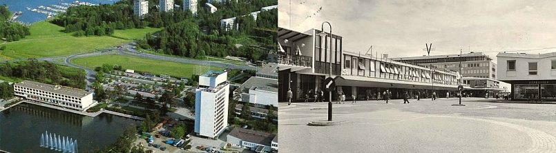 Слева направо: Финский город Тапиола, 1980-е годы | Центр стокгольмского района Веллингбю