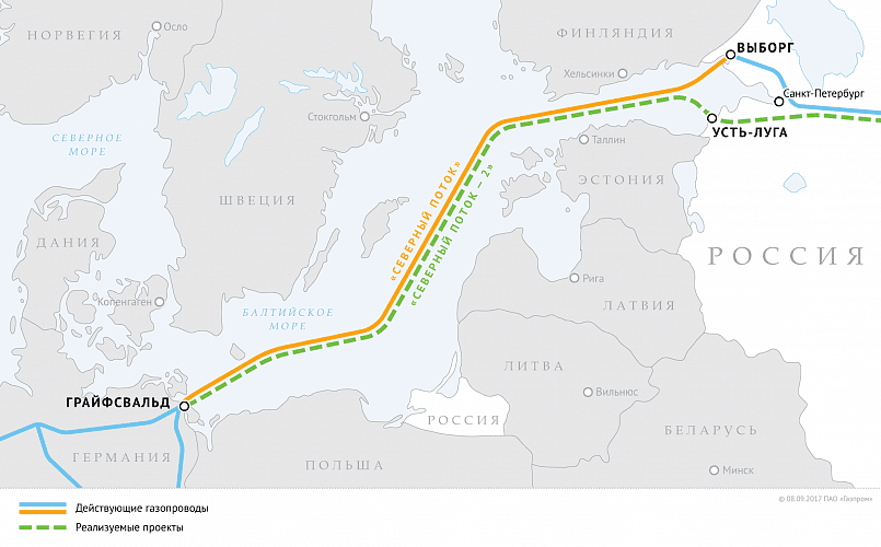 Схема газопроводов «Северный поток» и «Северный поток — 2» / Фото:Газпром
