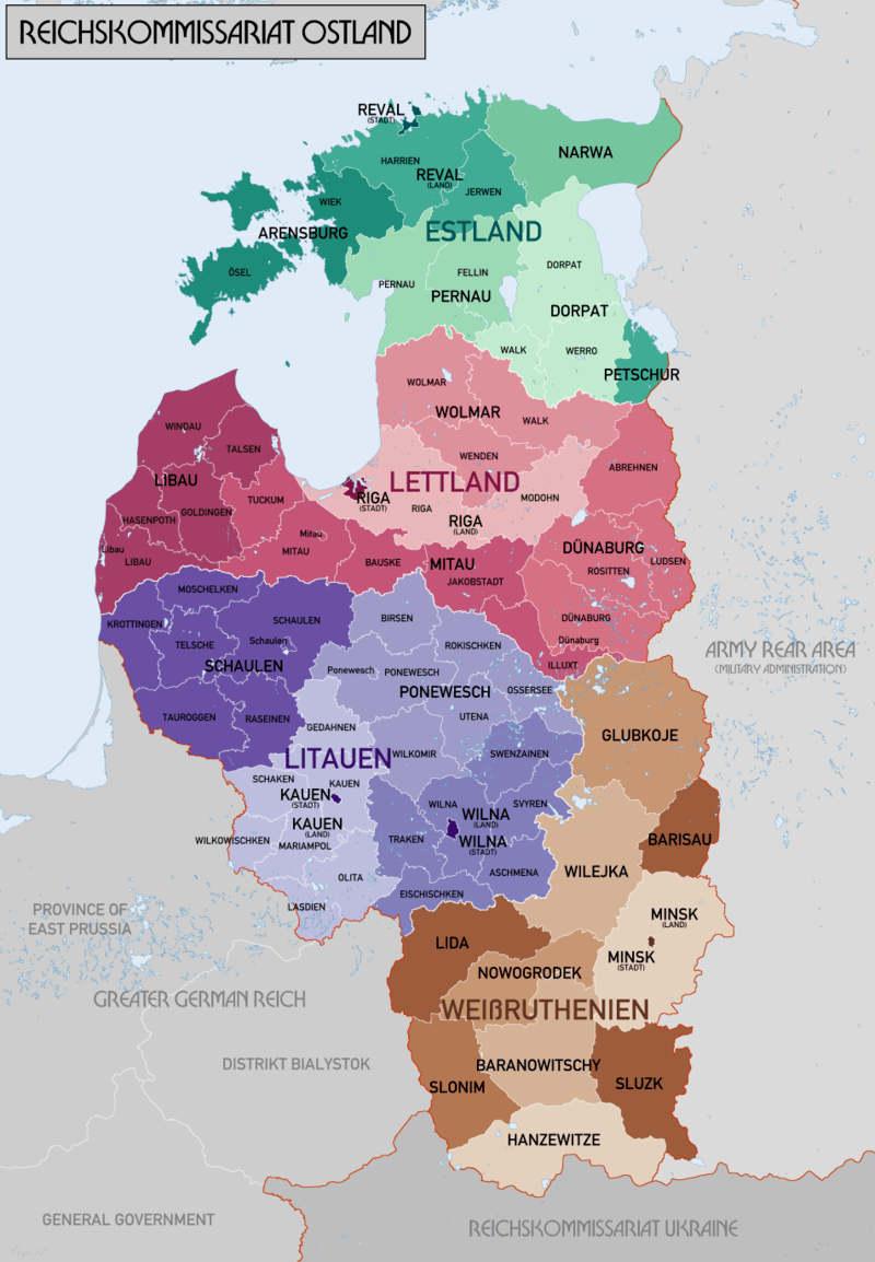 Карта Остланда с генерал-комиссариатами Эстланд, Леттланд, Литауен