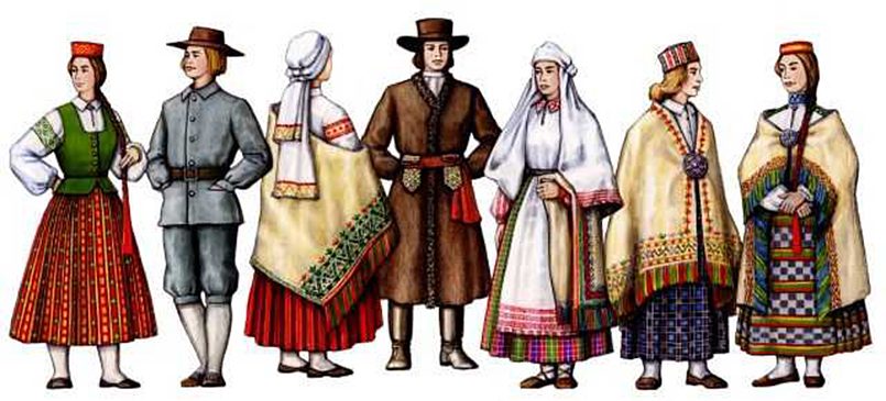 Латышские крестьяне в национальных костюмах, реконструкция
