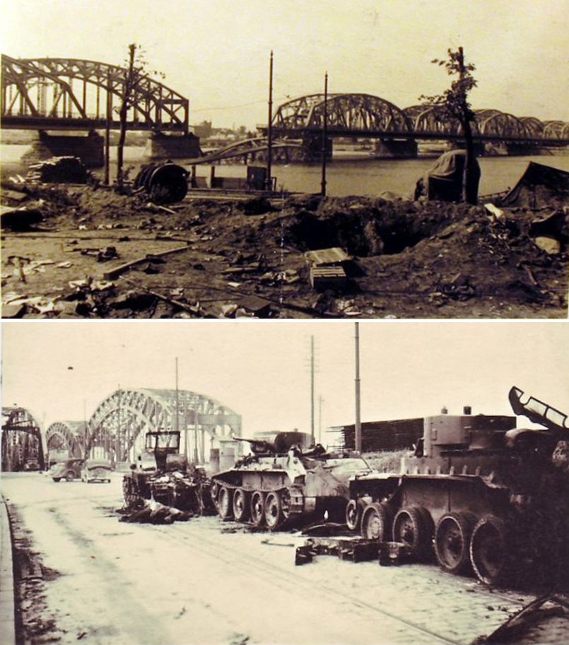 Сверху вниз: Рига. Первые дни нацистского вторжения. Бои за набережную | Разрушенный пролёт железнодорожного моста