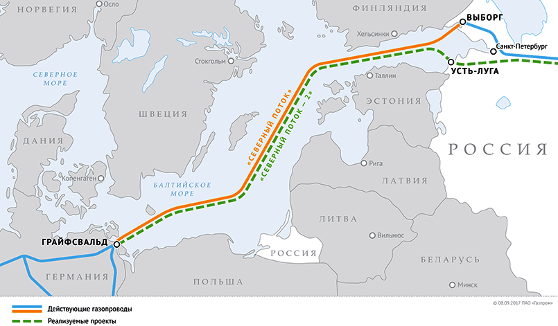 Схема газопроводов «Северный поток» и «Северный поток — 2» / Фото: «Газпром»