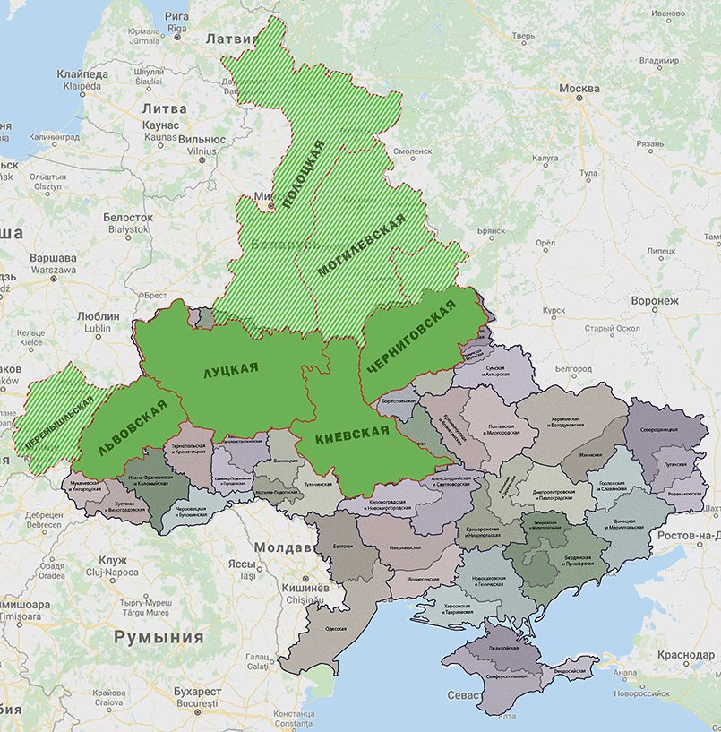 Проекция Киевской митрополии по состоянию 1686 г. на современную карту Украины и соседних стран / Фото: spzh.news