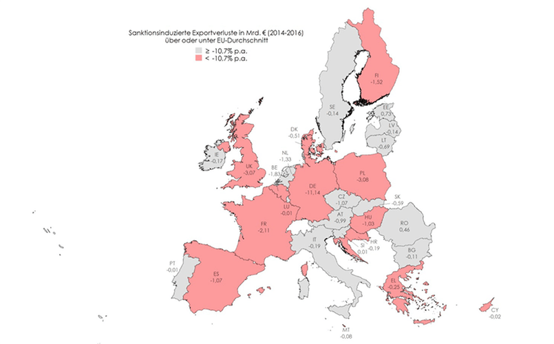 Цифрами на карте указаны суммы потерь в млрд евро