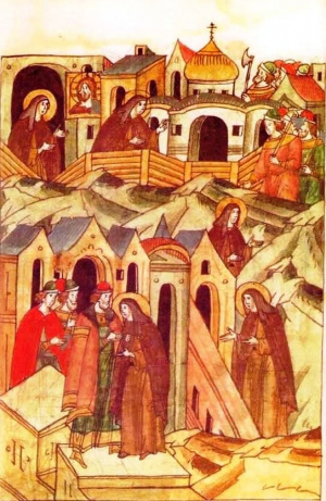 Войшелк основывает в 1260 г. монастырь на Немане (иллюстрация из Летописного свода Ивана Грозного)