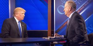 Телеведущий Билл О'Рейли и Дональд Трамп во время интервью на канале Fox News