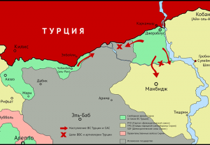 Карта турецкого наступления в провинции северное Алеппо, на Западе Евфрата