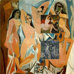 Фирменный стиль Пабло Пикассо впервые выразился в картине «Авиньонские девицы» 1907 г. Для сравнения обратите внимание на картину Поля Сезанна «Купальщицы», которая, возможно, вдохновила автора. И на картину Карла Брюллова «Вирсавия», где отражены академические принципы классического искусства, которыми пренебрёг Пикассо, создав кубизм.