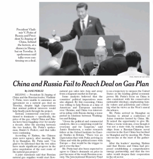 В момент, когда Россия и Китай проводят эпохальный саммит с кульминацией в виде газового контракта, газета сообщает: 