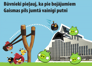 Также атаке птиц подвергся «Замок света». Карикатура мэра Риги Нила Ушакова. Подпись к картинке: «У Латвийской национальной библиотеки надо уже ремонтировать крышу. Обойдется это в 170 000 евро»
