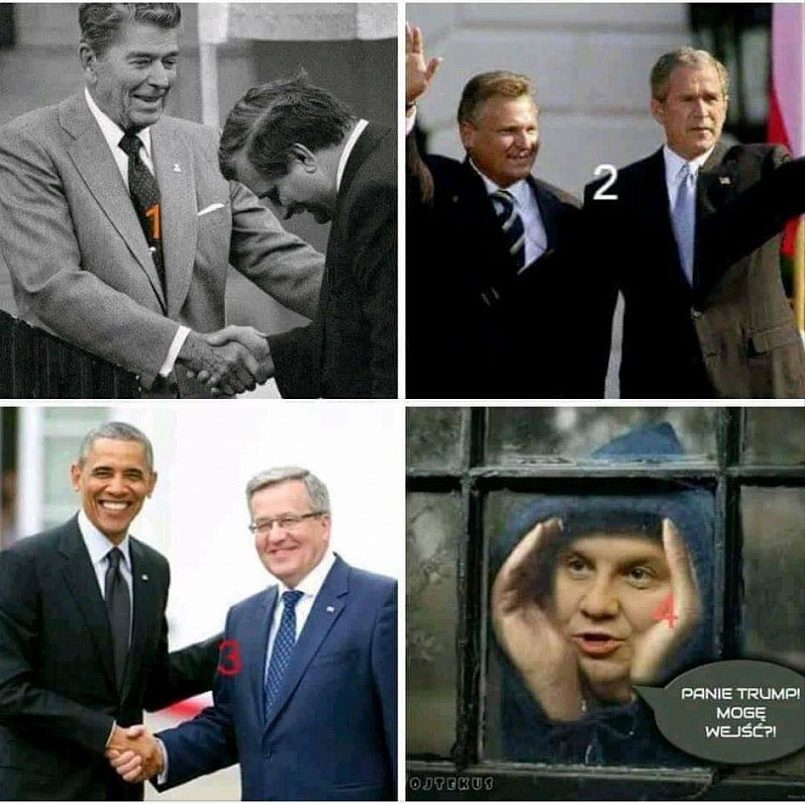 Один из «мемов»: на картинке изображены президенты Польши в США, в нижнем правом углу — нынешний президент Анджей Дуда с репликой «Мистер Трамп, можно войти?» / Фото: twitter.com/flisjarek