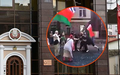 В Киеве радикалы напали на участников акции у посольства Беларуси (видео)